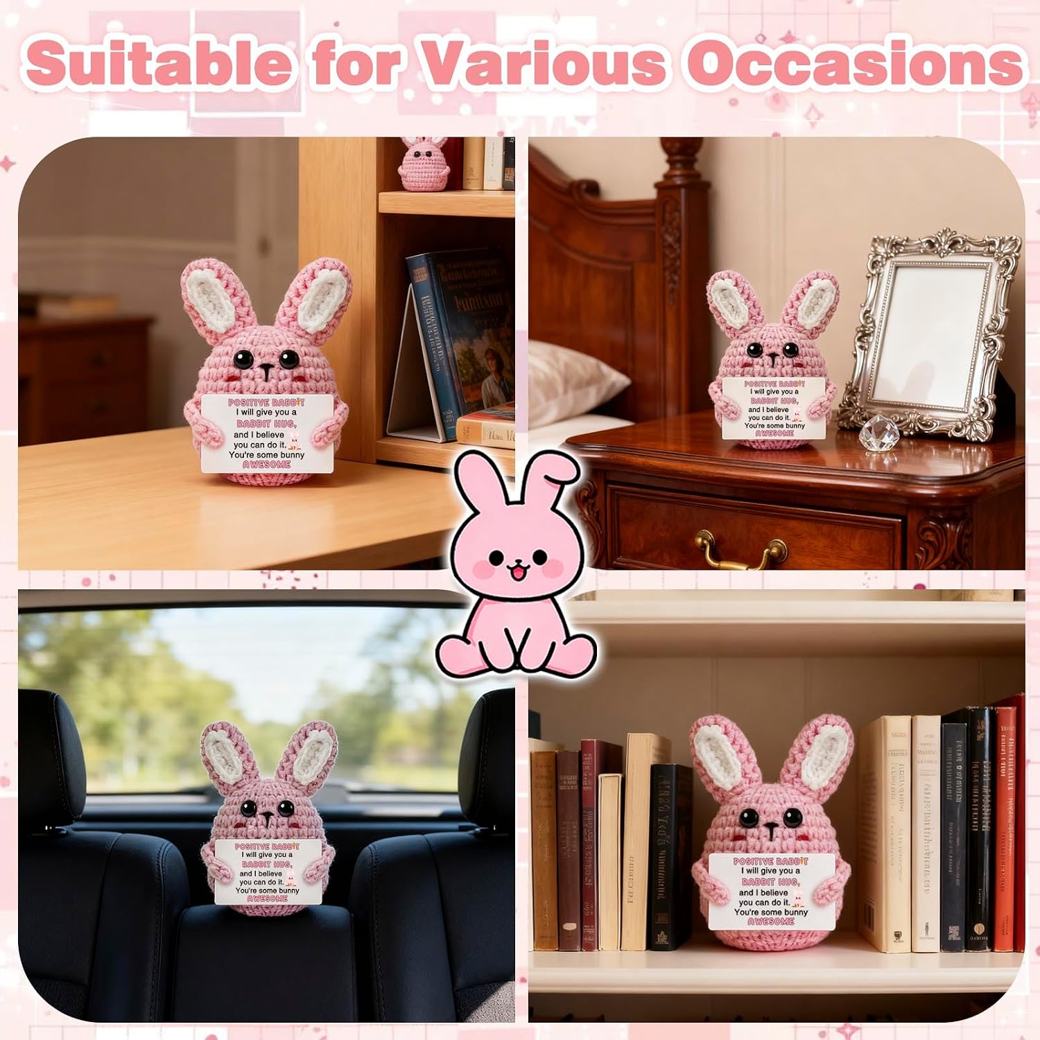 Mini Bunny Positive Crochet Animals Inspirational Gifts for Women Men | Handmade Crochet Bunny Back to School Birthday Graduation Mothers Day Gift Ideas for Daughter Son Friends Coworkers