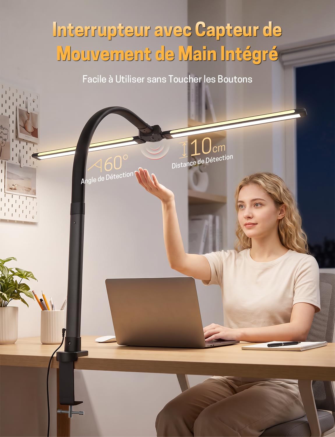 LED Lampe de Bureau Puissante à Double Tête, 22W 1800LM, avec Pince 9cm