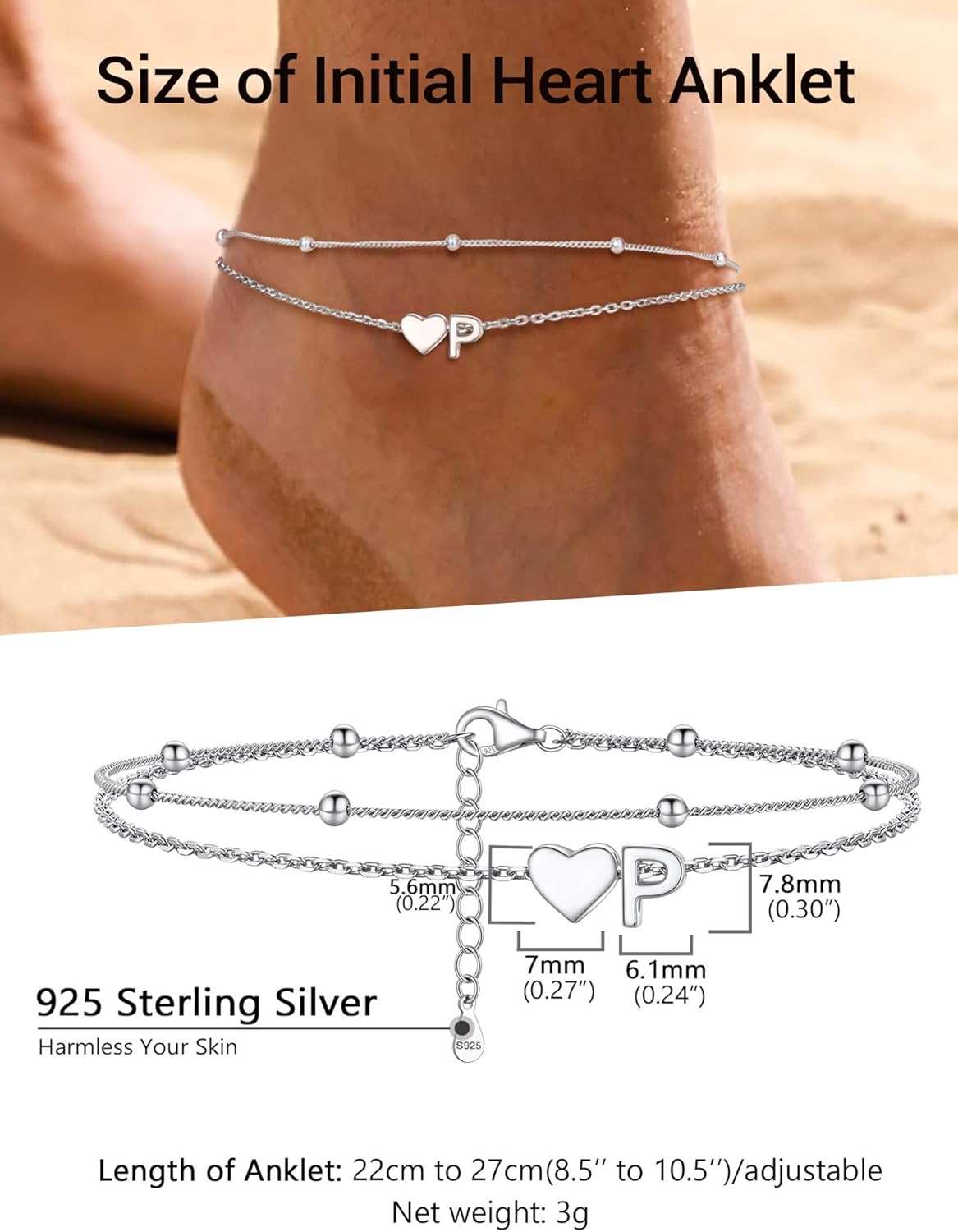 PROSILVER Ankle Bracelets for Women S925 Sterling Silver Anklets for Women Waterproof, Dainty Layered Heart Anklet, Beach Initial Anklet for Summer, Letter A-Z