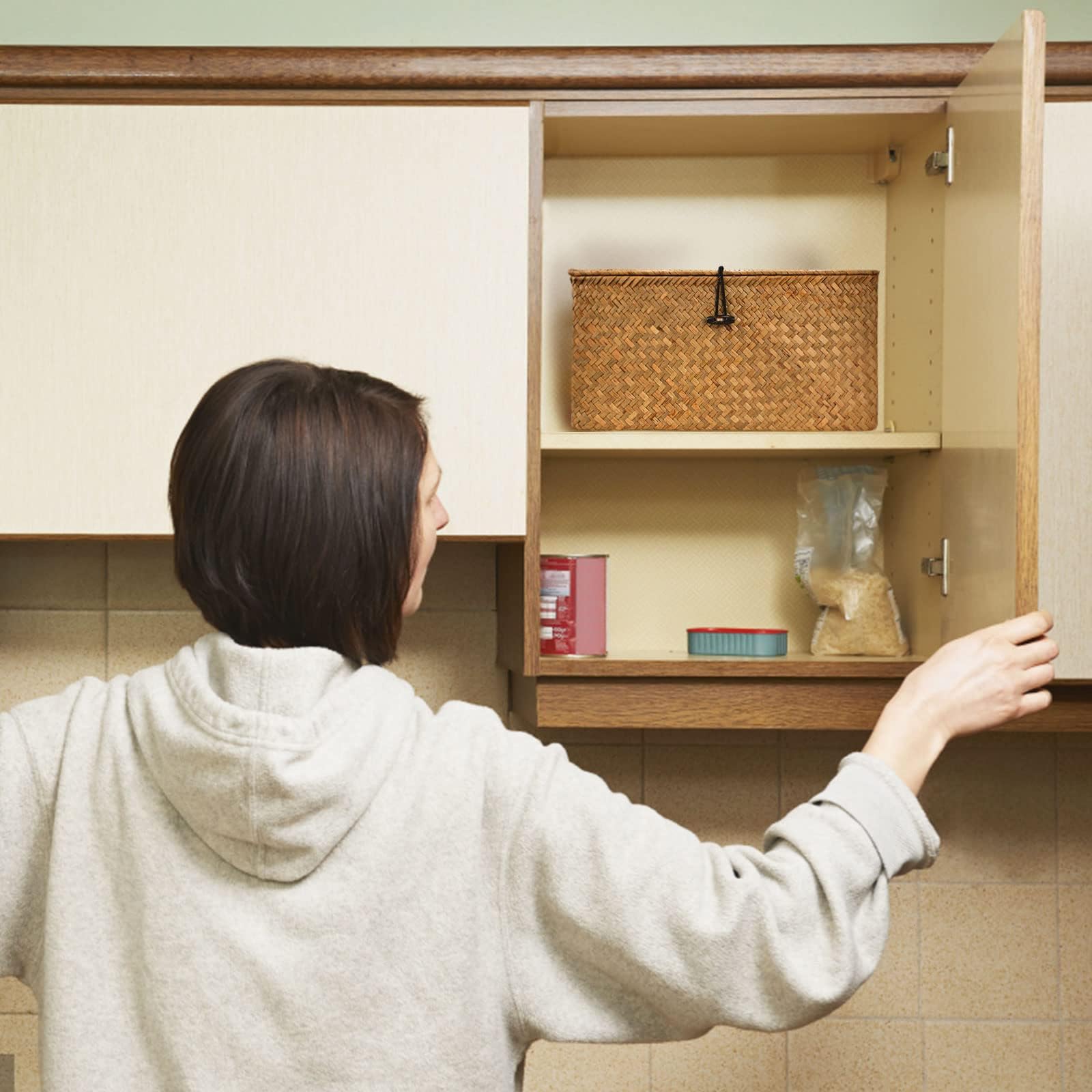 Cesto portaoggetti in vimini intrecciato, con coperchio, in alghe marine, per bagno, soggiorno, cucina (L+XXL)