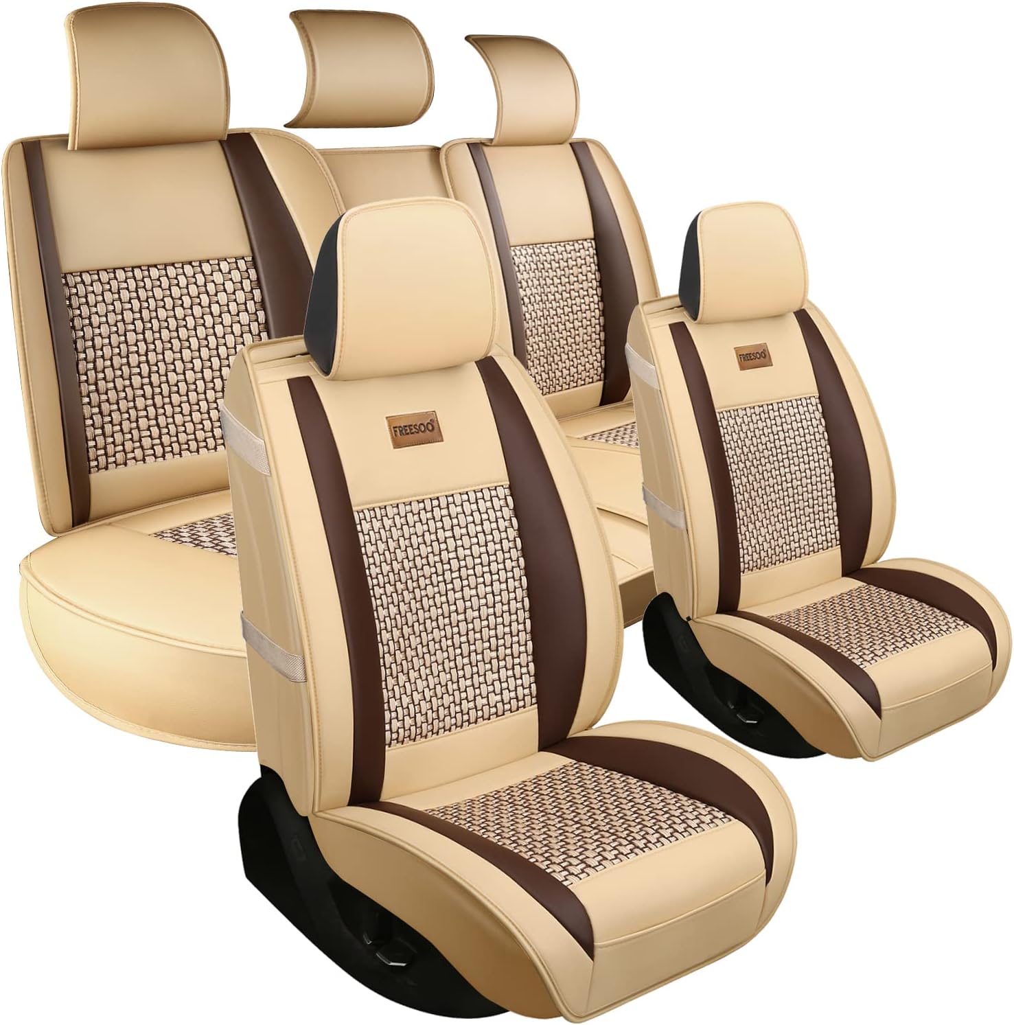 freesoo car seat cover, leather seat covers full set, classic breathable padded automotive seat protector most sedan suv truck universal with pillows khaki brown fr-01 full set a-khaki brown