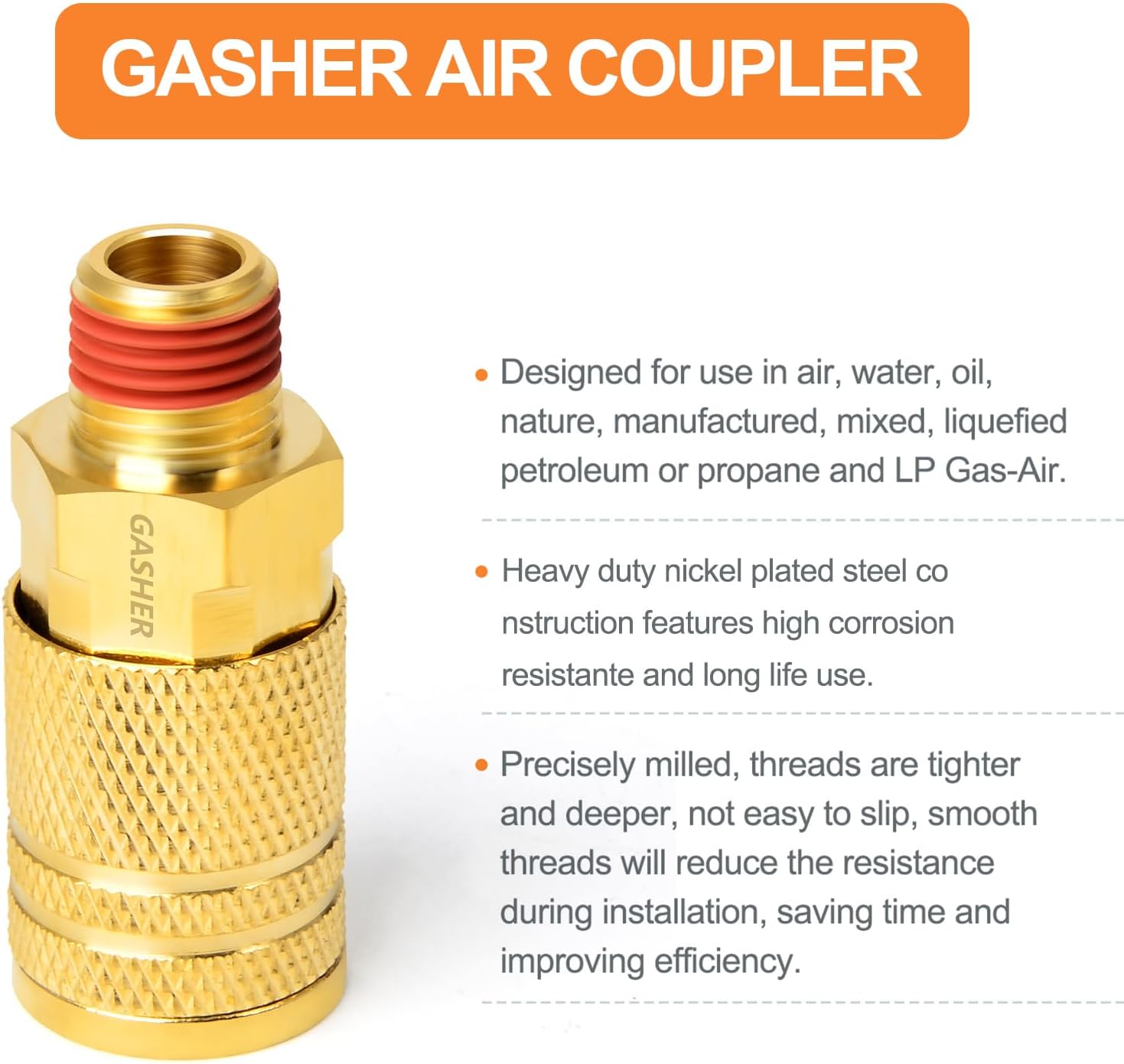 GASHER 12PCS 1/4-Inch Brass Male Industrial Coupler,1/4 Inch NPT Male Threads Size, Quick Connect Air Coupler