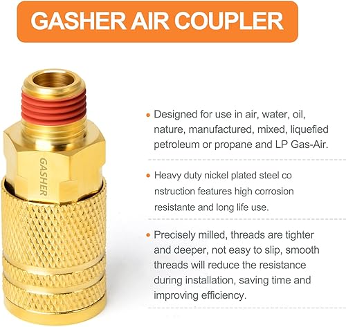 Miniatura 6 de GASHER Acoplador industrial macho de latón de 12 piezas, 14 pulgadas, tamaño de rosca macho NPT de 14 pulgadas, acoplador de aire de conexión rápida