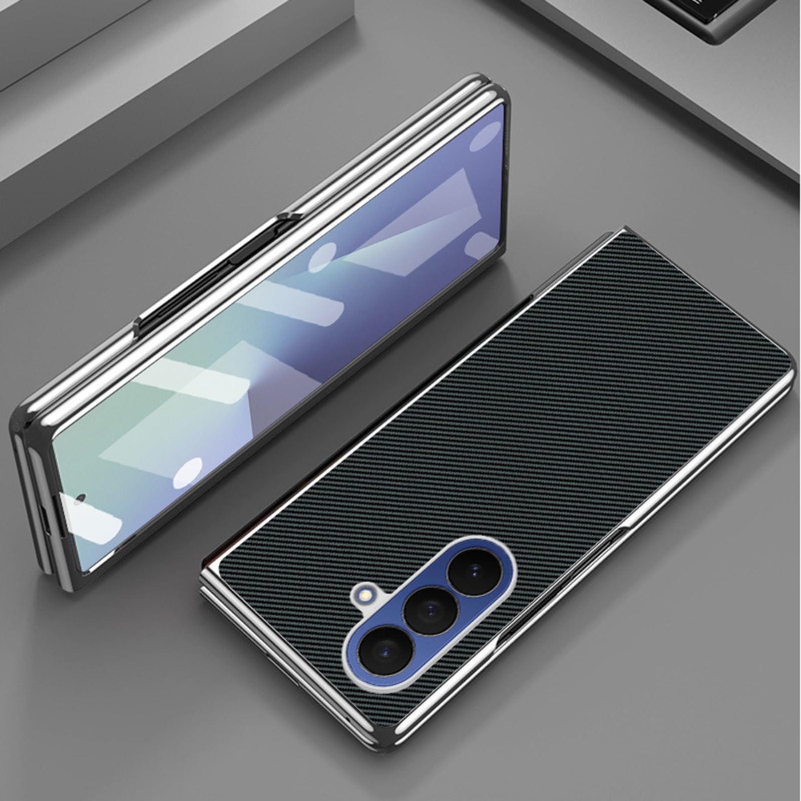 Galwanizowane etui do Samsung Galaxy Z Fold 7, wytrzymałe etui ochronne ze wzorem z włókna węglowego z osłoną ekranu ze szkła hartowanego (niebieskie)