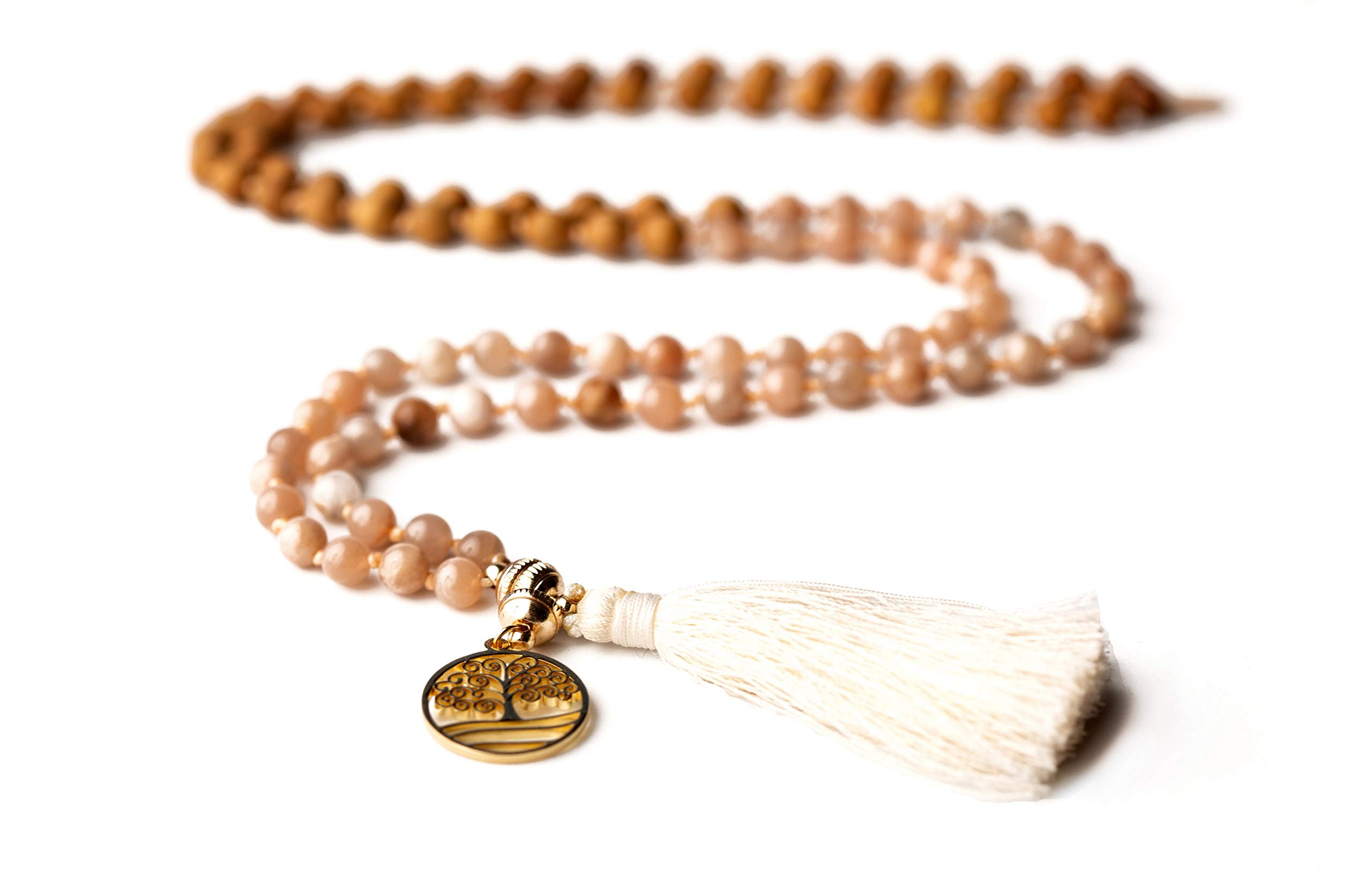 Mondstein Edelsteinschmuck Mala Edelsteinkette Yoga Meditation Geschenk-Set mit Holzbox Jute-Täschchen Affirmationskarten INTUITION Naturstein Sandelholz handgemacht in Deutschland