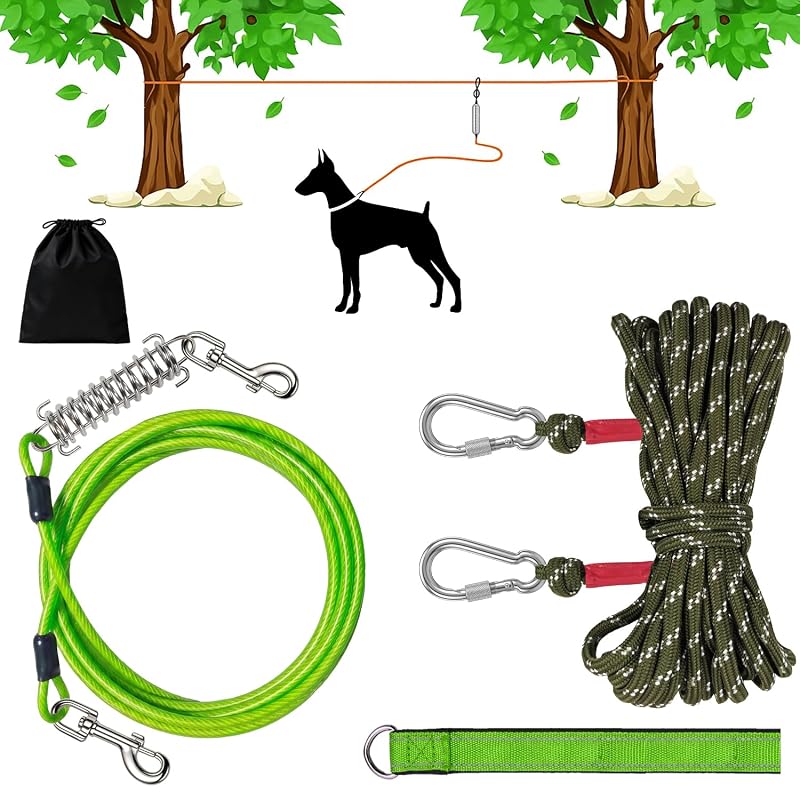 Cabo Trolley para Cães J-TECH DYNAMICS com Corda Refletiva e Mola de Amortecimento 30,48 m Verde
