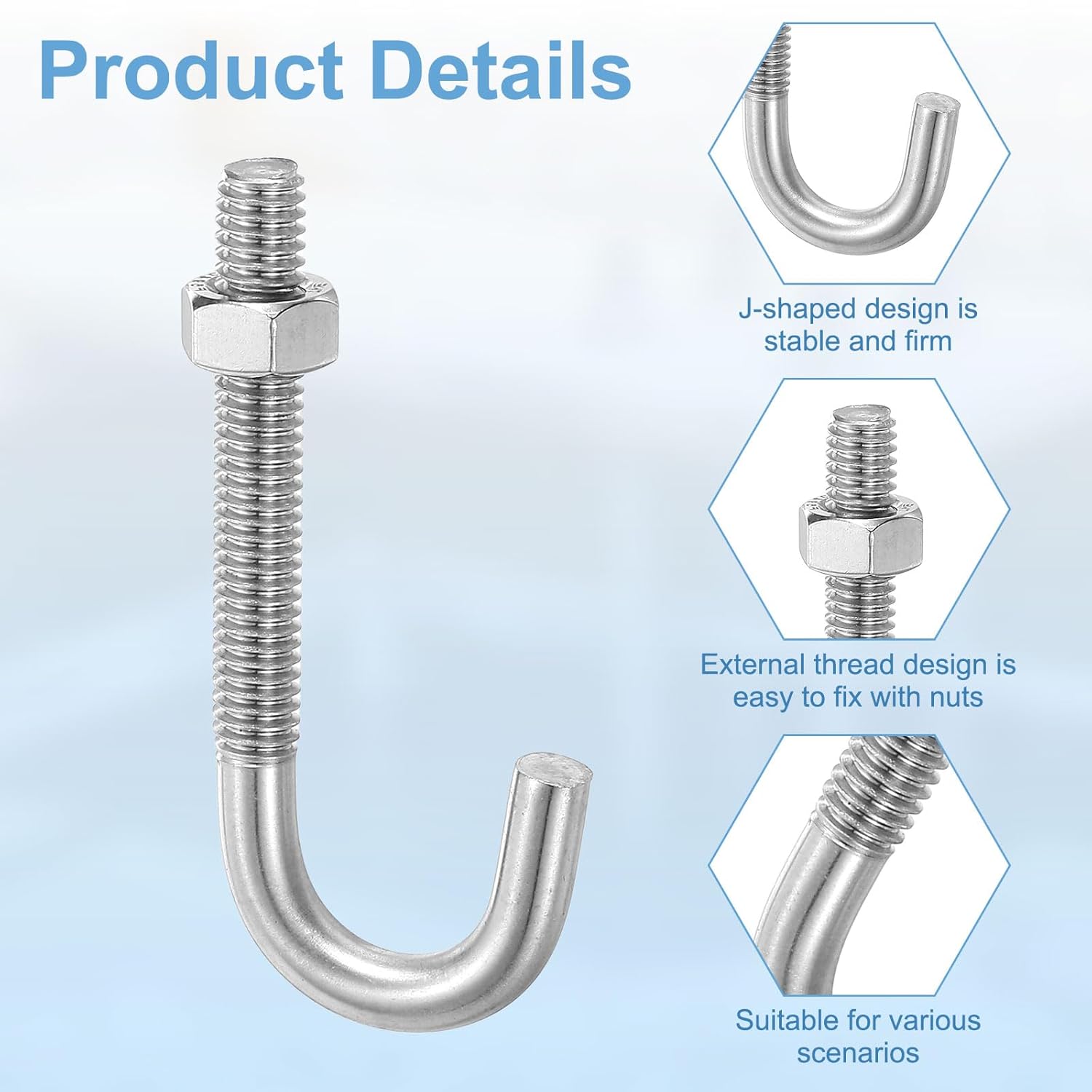 uxcell 5 Pack J Bolts, 5/16"-18 x 3 Concrete J Bolts Cement Post Anchors 304 Stainless Steel Anchors Bolt with Nut for Concrete Pad Pouring Wood Projects, Silver
