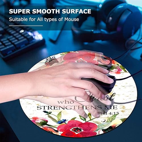 Miniatura 5 de Juego de alfombrillas redondas para mouse y posavasos, Filipenses 4-13 Escrituras inspiradoras con flores de acuarela rojas, alfombrilla de mouse