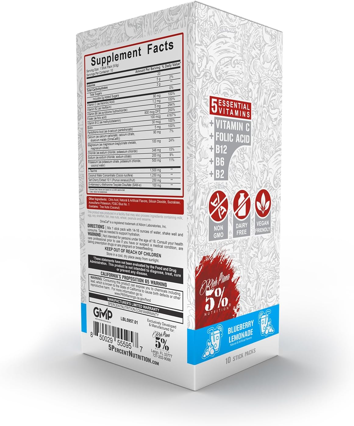 5% Nutrition Hydrate Stick Hydration Packets | Sport Electrolyte Powder Mix Packets with Coconut Water | 2-Pack | (Blueberry Lemonade + Lemon Lime)