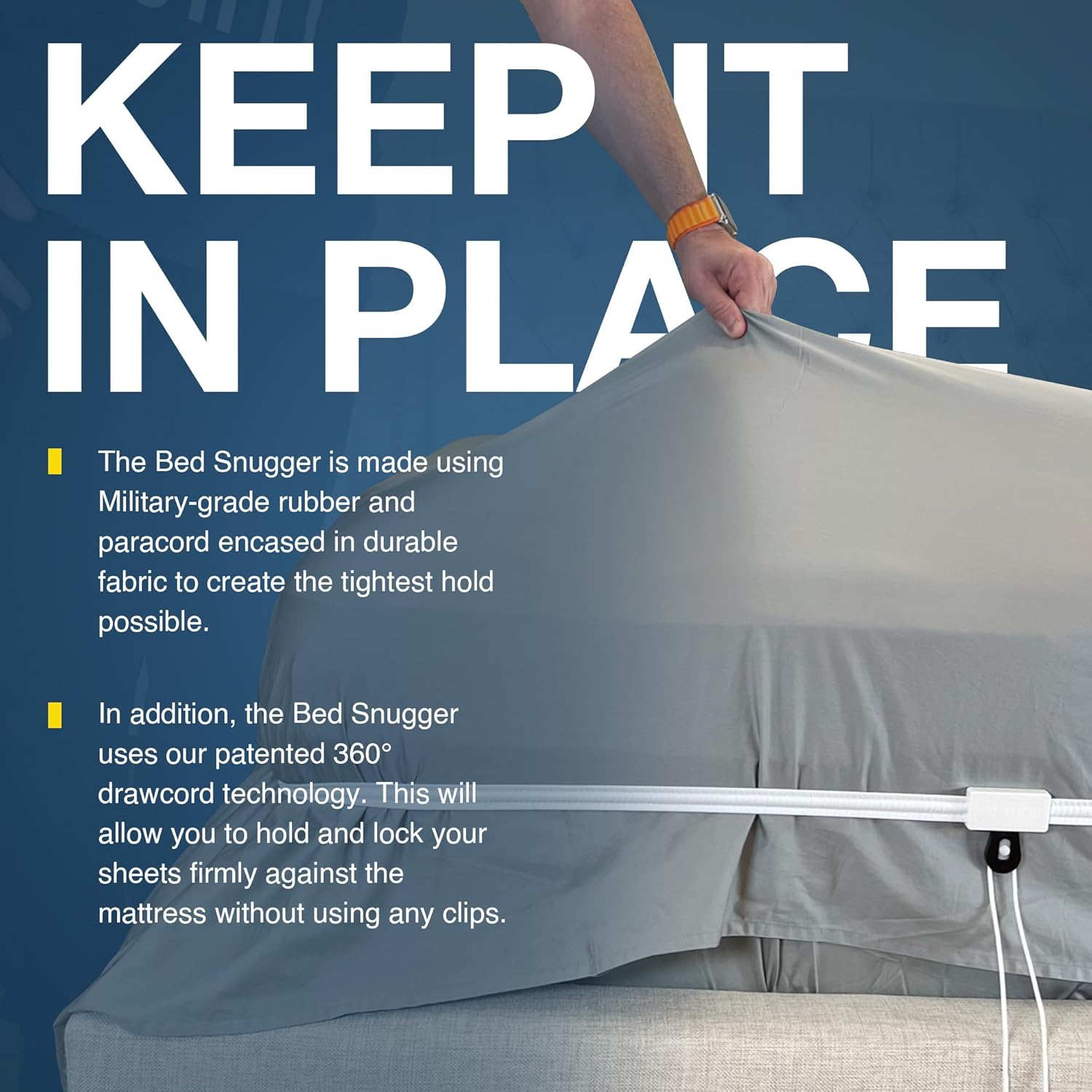 Bed SNUGGER - Bed Sheet Holder Band - Fits All Mattress Sizes - Corner Holder for Sheets & Blankets - Hold 360 Degree Bed Sheet Tightener (2 Pack)