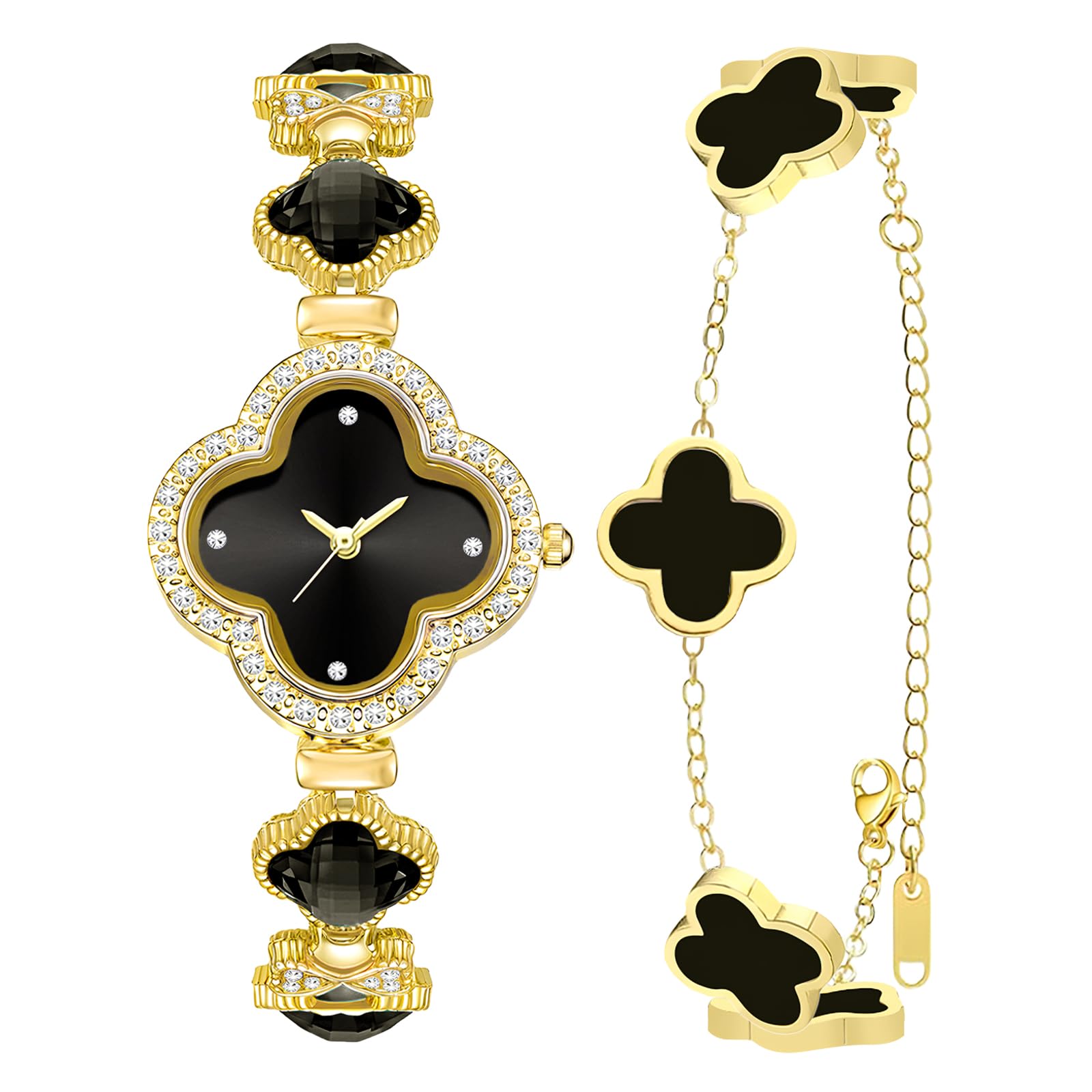 2-teiliges Damen-Armband-Set mit Glücks-Kleeblatt-Armband, Armbanduhr, Schmuck-Set, 18 Karat vergoldet, Armbanduhr mit Blumendesign, vierblättrige Armbänder für Damen