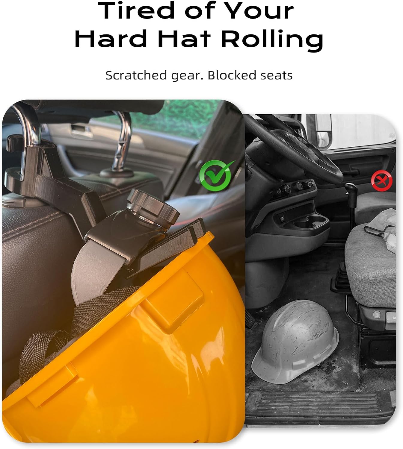 Hard Hat Holder for Truck - 3-Second Install Headrest Hook Hanger for Hardhat and Safety Vest Storage, Hard Hat Buddy Rack for Construction, Utility, Linemen & Miners