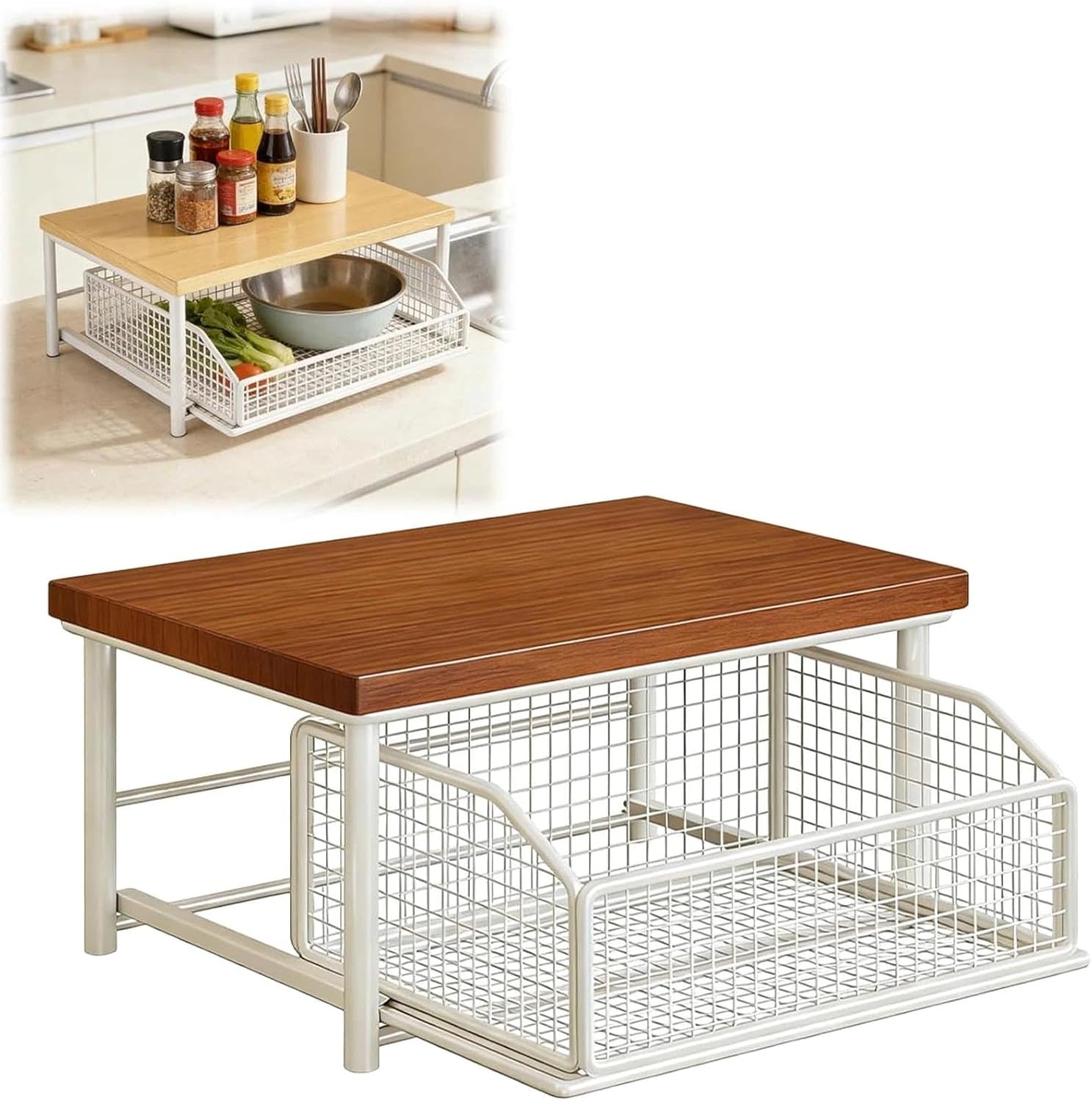 Kitchen Countertop Organizer with Drawer and Wire Basket, Sturdy Hardwood Shelf Storage, Space-Saving Storage For Coffee Maker, Microwave, Toaster & Spices(Style-A)