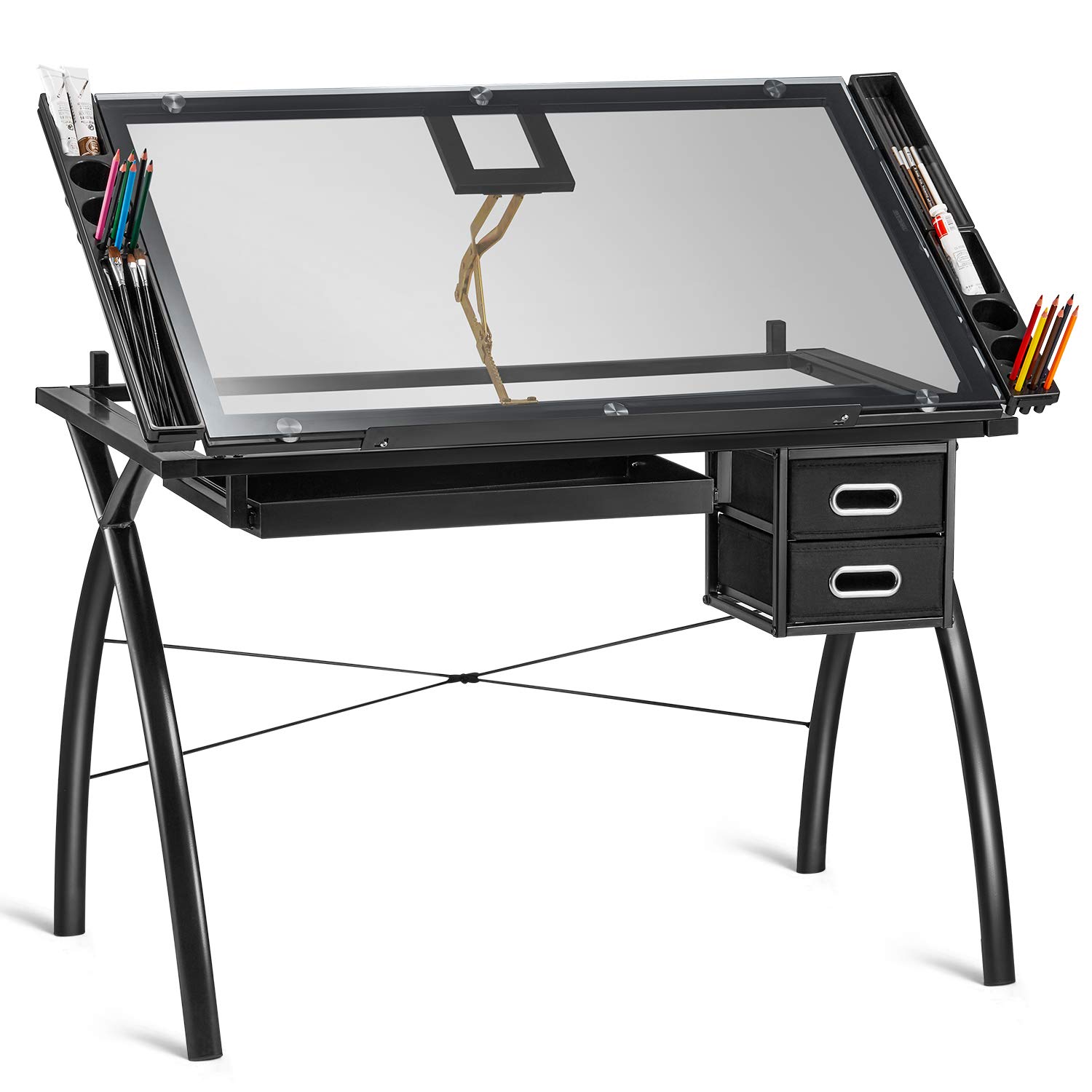 Buy Height Adjustable Drafting Table, XCross Glass Top Drawing Table Art Desk Hobby Table