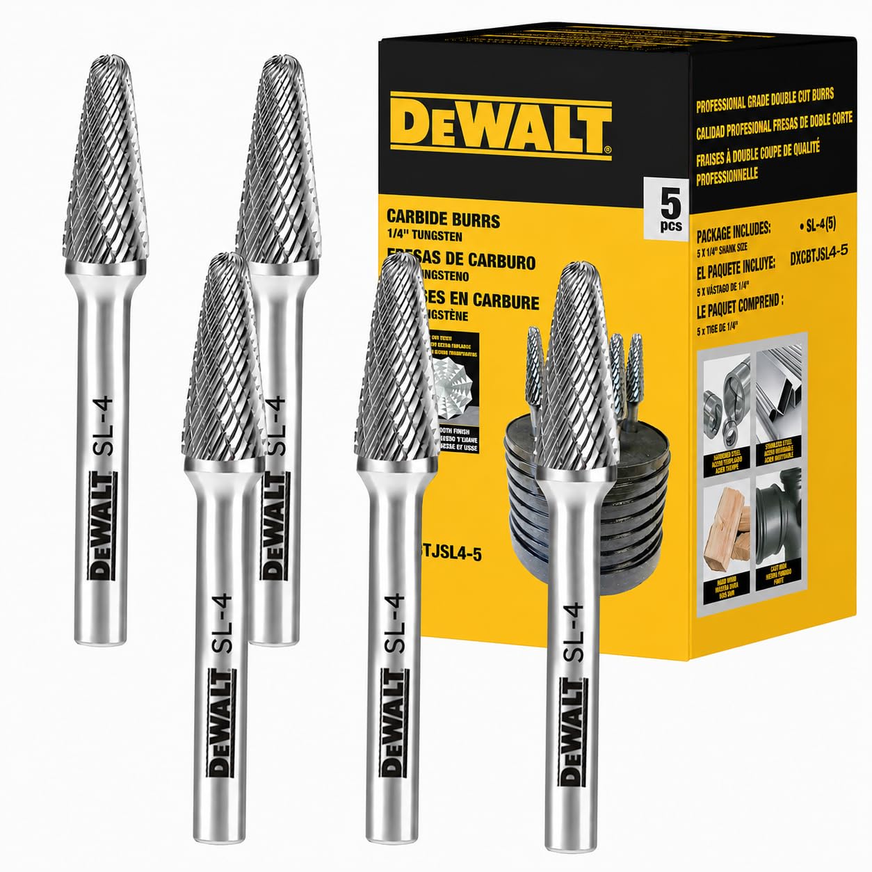 5 Pack DEWALT Tungsten Carbide Burr Size SL-4 with 1/4" Shank for Tough Metalworking (DXCBTJSL4-5)