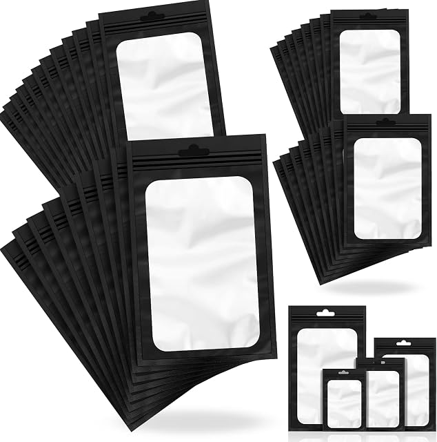 120 Pieces Smell Proof Bags Mylar Bags Aluminum Metallic Foil Bag for Food Storage, Packaging Products, Smell Proof Bags, 4 Sizes (Black)