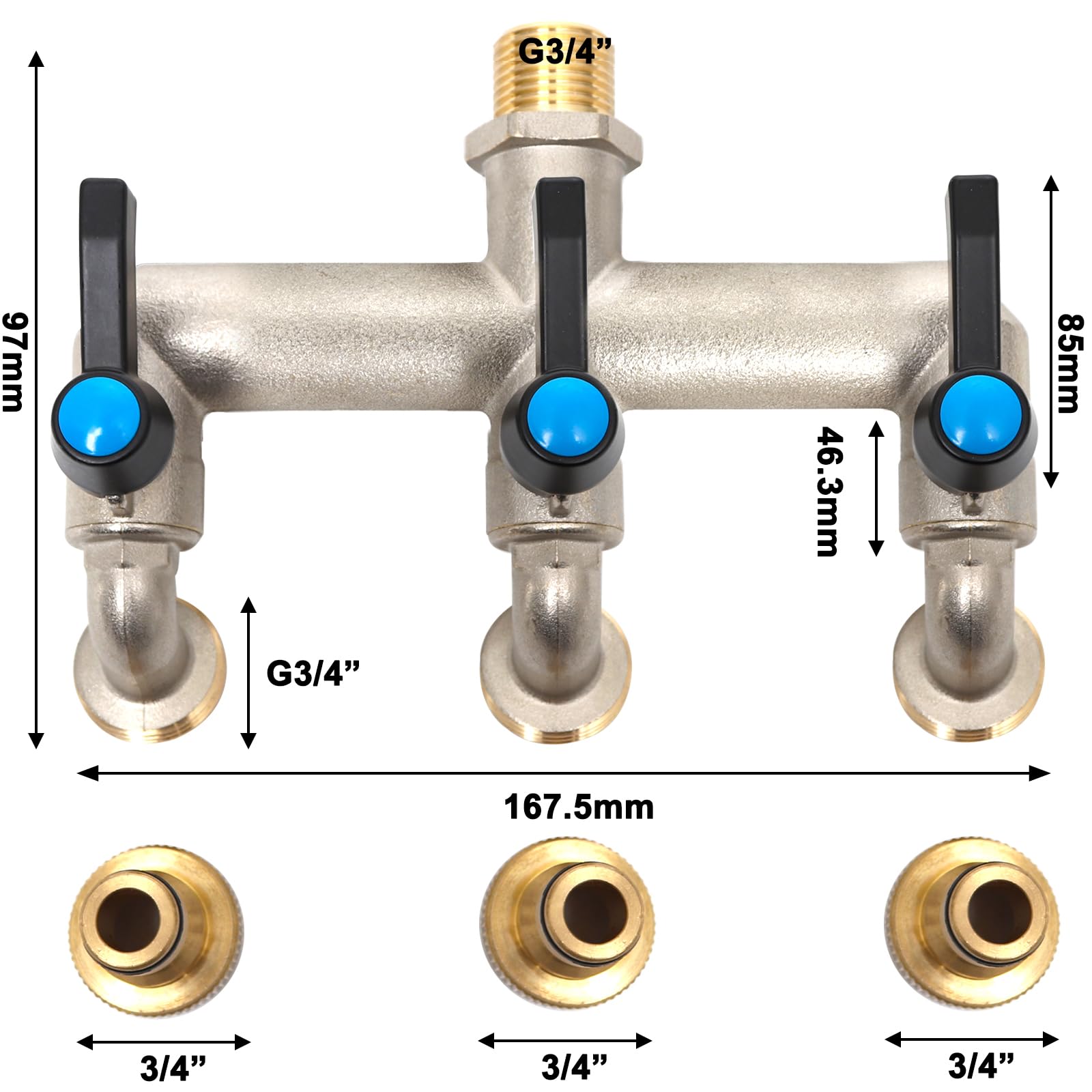 Rubinetto di scarico a 3 vie da 3/4", manico allungato (metallo), distributore d'acqua in ottone con tubo da giardino BSP da 3/4", connettore per rubinetto, rubinetto a 3 vie per lavatrice