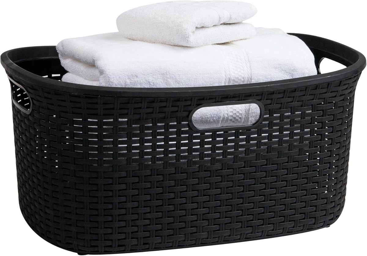 Mind Reader Cesto para la Ropa sucia de 40 L, Cesto para Ropa, diseño de Mimbre Premium, plástico, Negro
