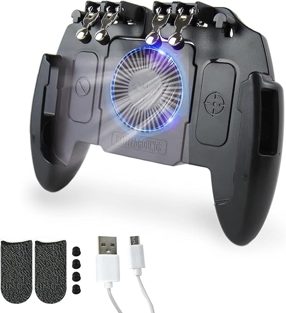 Mobile Game Controller with Cooling Fan/Phone Holder/Finger Sleeves Fits for PUBG/Fortnite/Call of Duty Tomoda L1R1 Mobile Triggers for 4.7-6.5 iOS Android Phones