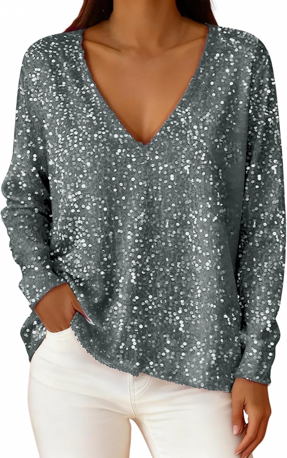 Women's Sequin Tops Trendy Sparkly V Neck Long Sleeve Tunic Shirts Casual Loose Dressy Cocktail Party Formal Blouse - Image 6