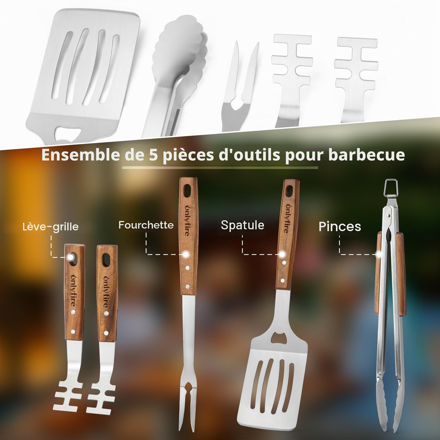 onlyfire Set D'ustensiles de Barbecue 5 Pièces, Inclure Pince à Barbecue, Spatule, Fourchette à Barbecue et 2 Lève-Grille, avec Poignées en Bois et œillets de Suspension, Accessoires de Barbecue