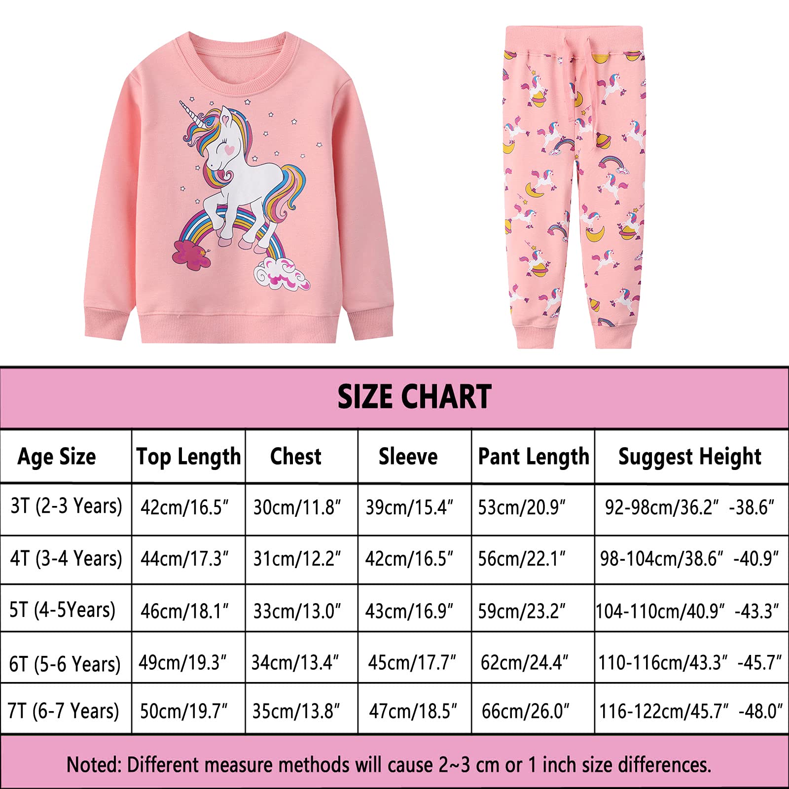 Dziecięca odzież sportowa, dla dziewcząt, dres treningowy, dres do joggingu, zestaw sportowy, długi rękaw, bawełna, sweter, dres, odzież sportowa dla dzieci w wieku 2 / 3 / 4 5 / 6 / 7 lat, Jednorożec tęczowy, różowy, 104/110 cm