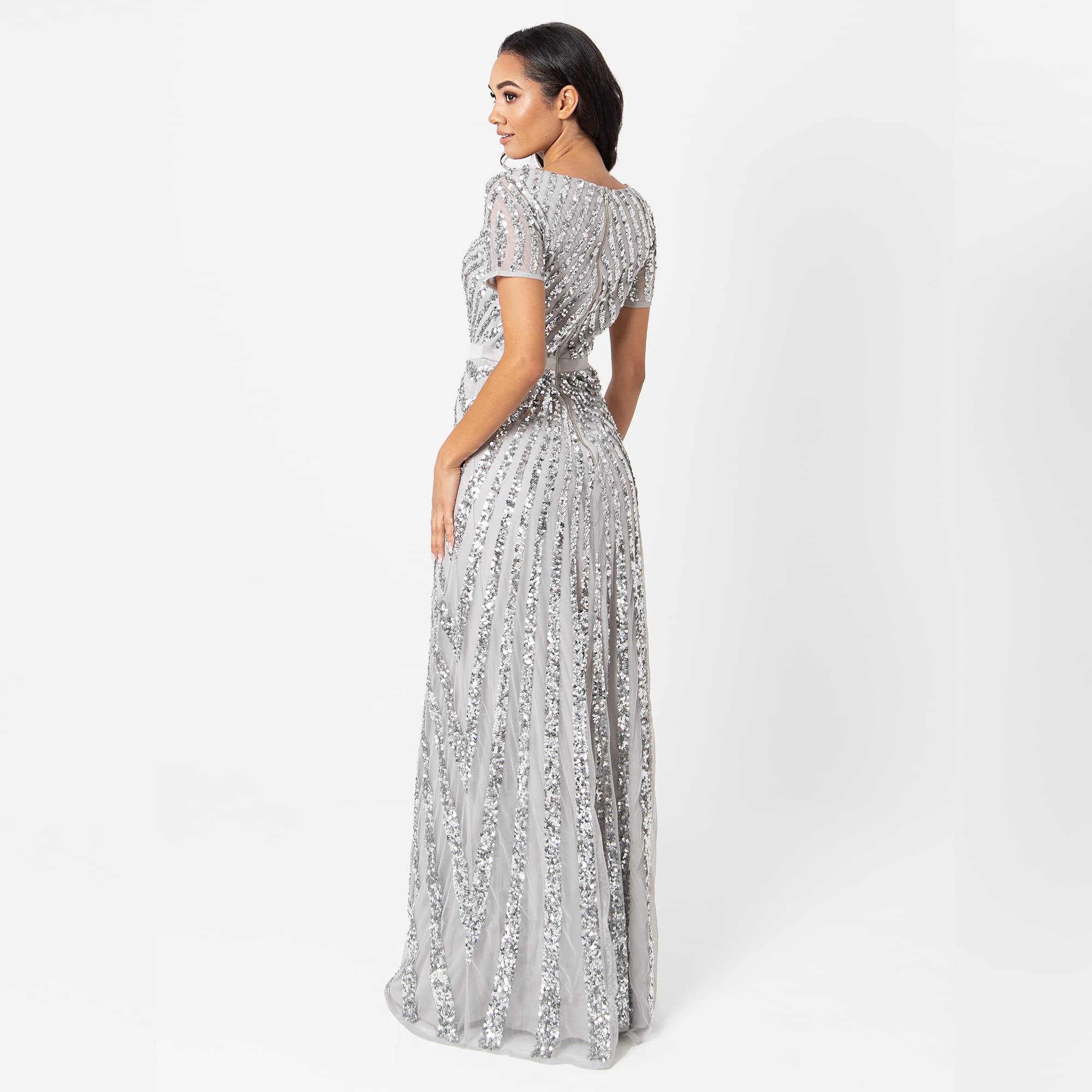 Maya Deluxe Damska sukienka maxi, damska, z wyszywanymi cekinami, z długim rękawem, dekolt w serek, wysoka talia, krój A, błyszcząca, na studniówkę, wesele, dla druhny, szary, 48