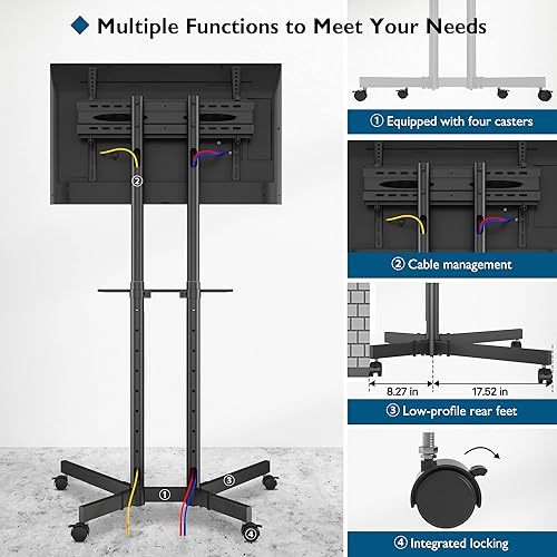Miniatura 4 de BONTEC Soporte de TV móvil, soporte de suelo inclinable con ruedas de bloqueo para televisores LED, LCD, OLED planos y curvos, altura ajustable