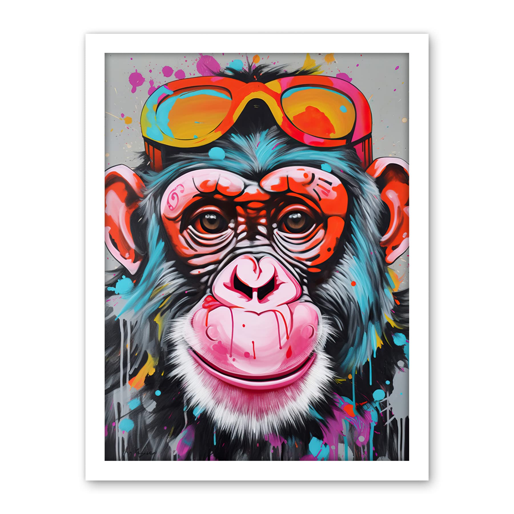 Artery8 Chimpanzee Monkey With Sunglasses Graffiti Pop Art Artwork Framed Wall Art Print 18X24 Inch