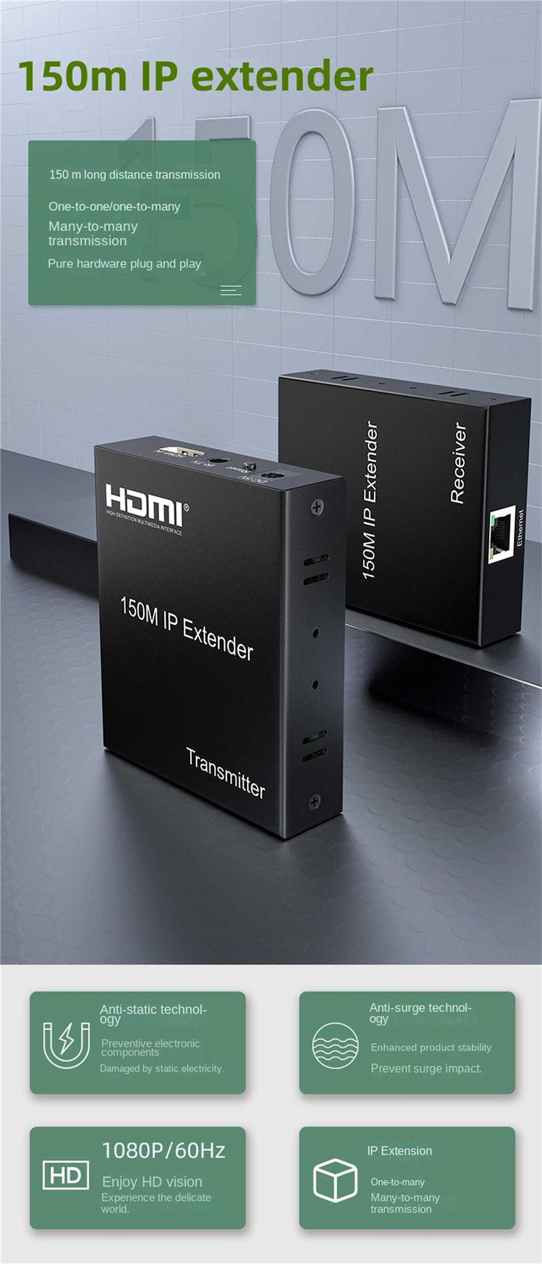 150M IP Extender,150M HDMI Extender over IP Rj45 Cat5e/6 1080P HDMI Ethernet Video Extender Support one TX to Multiple RX by Ethernet Switch (TX+RX)