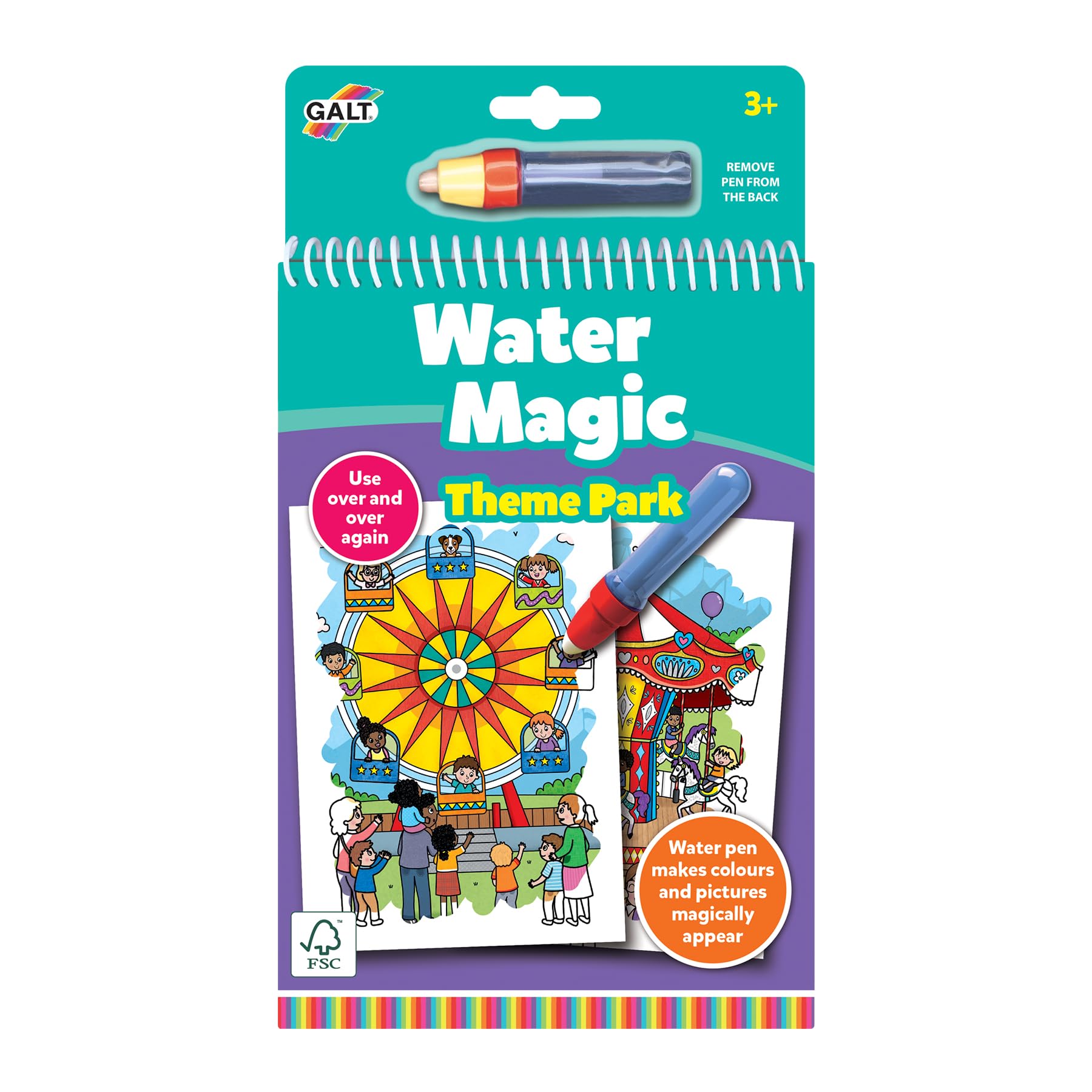 Galt WATER MAGIC Theme Park Book - Amusement Park Themed Colouring Books for Children - With Reusable Pictures for Kids to Colour - Magically Reveal Hidden Pictures with Water Pen - Age 3 Years +
