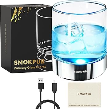 smokpub Whiskey Glasses with RGB LED Lights, Old Fashioned Cocktail Glasses with Manual Rotating Base, Bourbon Whisky Scotch Glass Men Gifts for Christmas,Birthday, Anniversary, Retirement
