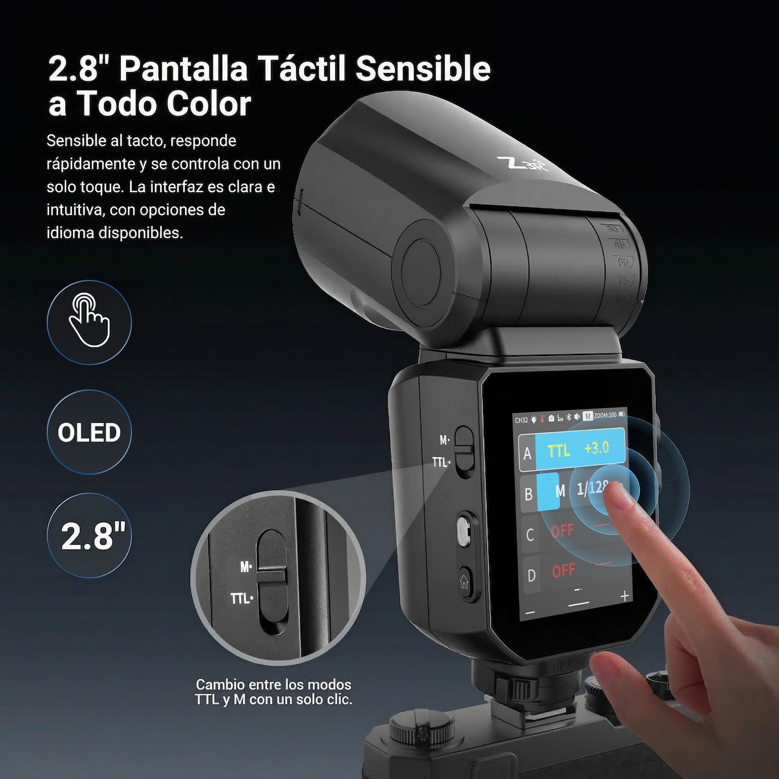 NEEWER 100Ws 2.4G TTL Flash Cabeza Redonda, Compatible con Canon Compatible con Godox, Speedlite con Pantalla Táctil 1/8000s HSS 2 Luces Modelado Conmutador TTL/M Batería 3000mAh 500 Destello, Z3R-C