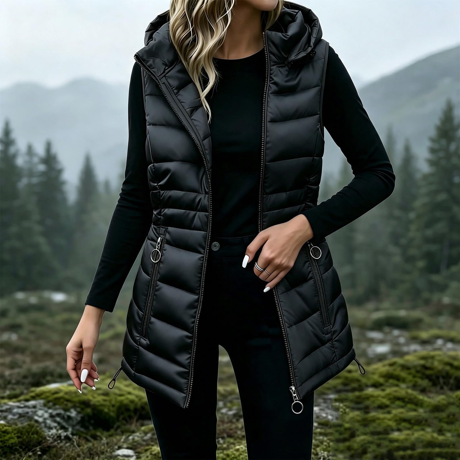 Gilet da donna con cappuccio invernale casual Puffer gilet donna longline colletto alla coreana giacche senza maniche con cerniera cappotti trapuntati imbottiti di media lunghezza con tasche con