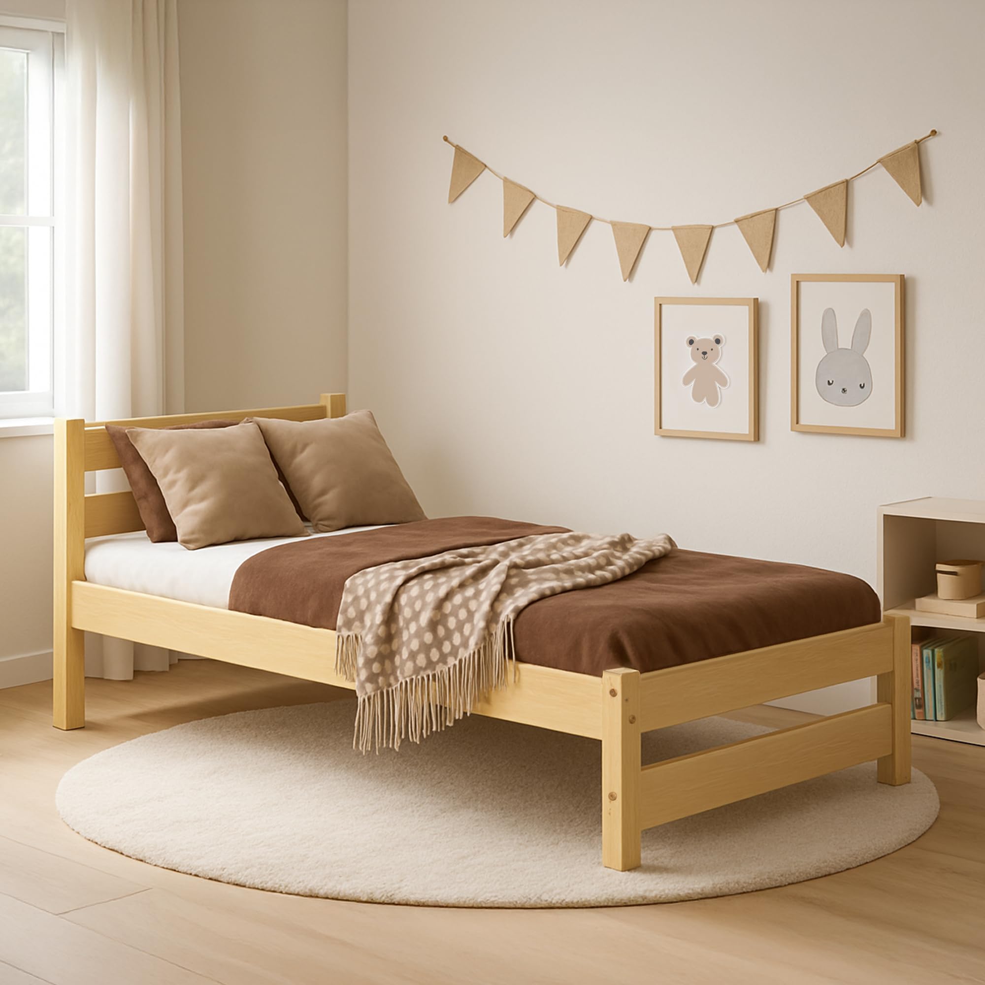 Kinderbett 90x180 cm mit Lattenrost - Einzelbett aus Kiefer Massivholz - Kinder Bett Montessori – Jugendbett – Tagesbett ohne Matratze
