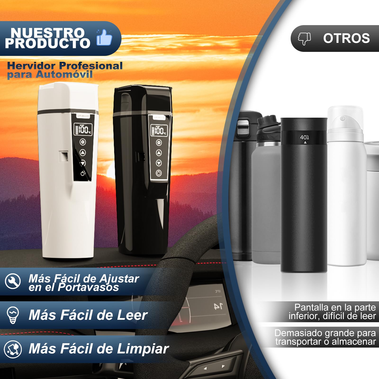 Hervidor Eléctrico Portátil 12V/24V 450ml Para Coche - Leche y Café Con Regulador de Temperatura y Apagado Automático - Acero Inoxidable