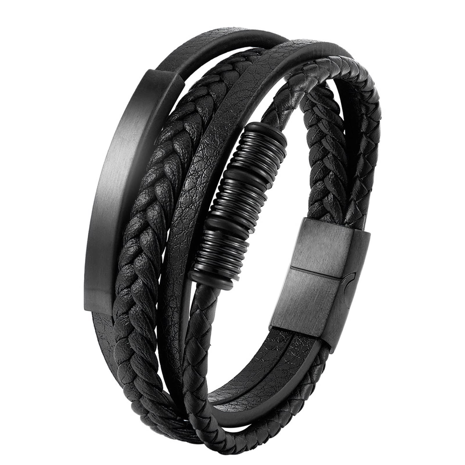 LEBOCADOGenuine Leather Bracelet for Men Stainless Steel Charm Magnetic Clasp Classic Multi-layer Mens Bracelet Gift for men Length 8.26 inch