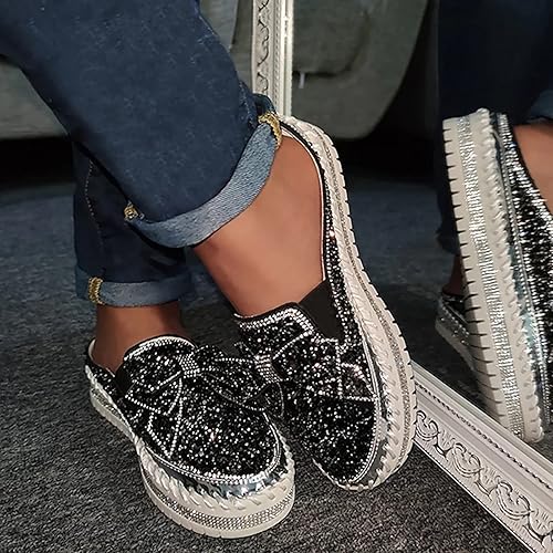 Miniatura 10 de Hbeylia Zapatos deportivos sin cordones para mujer, con lentejuelas y diamantes de imitación, diseño de lazo, plataforma, transpirables, para
