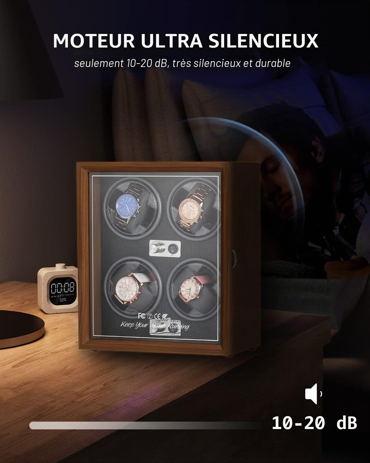 Mxmoonant Remontoir Automatique pour 4 Montres en Bois et Cuir 5 Modes de Rotation avec Moteur Silencieux alimenté par USB avec lumière LED pour Montres automatiques Stockage
