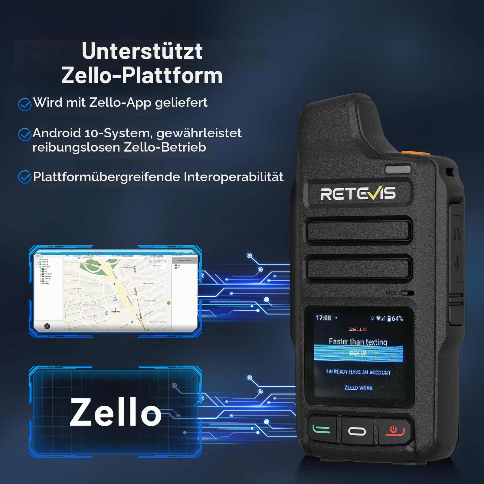 Retevis L71 4G Walkie Talkie,Unterstützt Zello und WLAN Netzwerkradio POC | Radio mit Unbegrenzter Reichweite und Typ-C, 4000 mAh, Funkgerät für Familienausflüge im Freien (1 Stück, Schwarz)