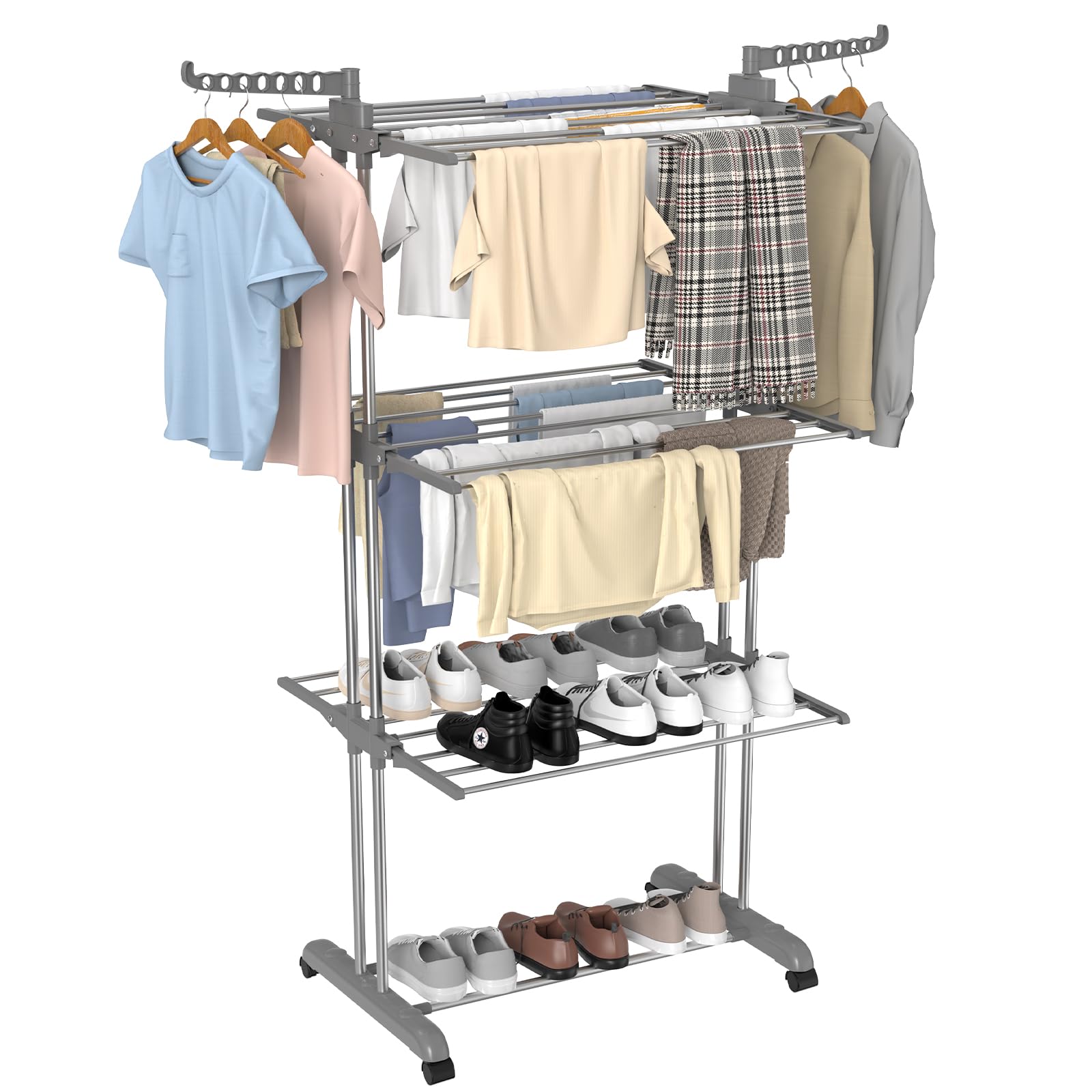 Innotic Etendoir Linge Intérieur et Extérieur, 4 Niveaux Séchoir à Linge Pliable, Seche Linge avec Roues, 172cm Gris