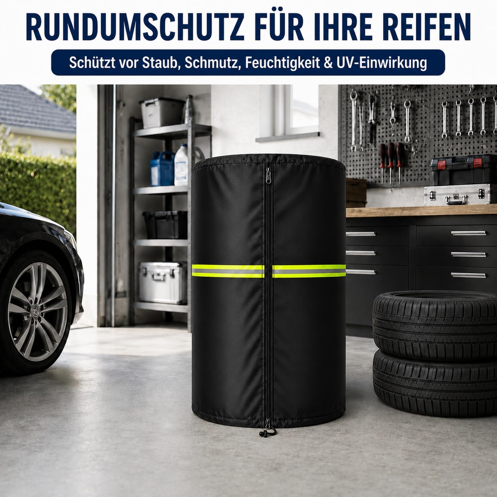 Reifenabdeckung für 4 Reifen Ø84 x H120 cm – 420D Oxford Reifenschutzhülle mit Reißverschluss & Kordelzug, wetterfeste Reifenhülle für Sommer- & Winterreifen, Felgenbaum & Reifenstapel