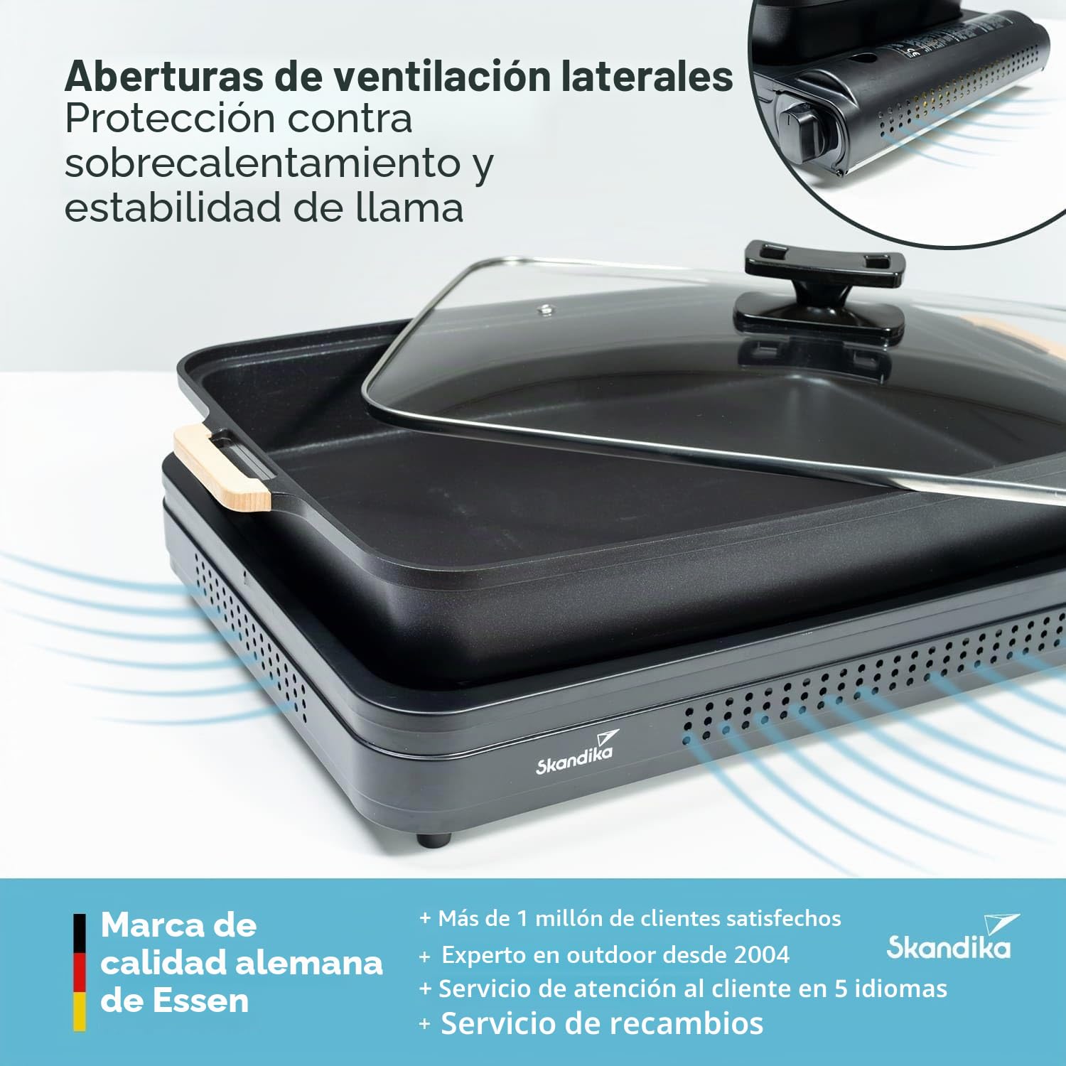 Skandika Hornillo de gas Brann | robusta cocina de camping para cartuchos de gas, maletín de transporte, acero inoxidable, encendido piezoeléctrico (XL con sarten)