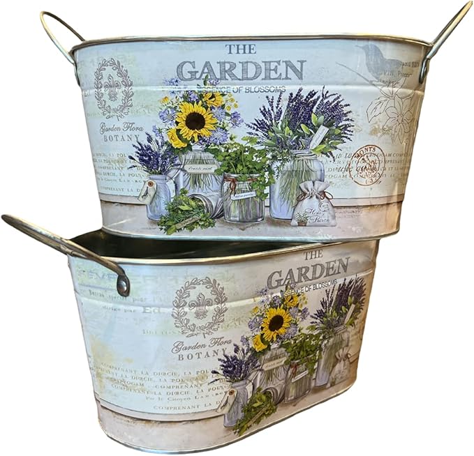 Printed Metal Plant Pot with Handles (2 pieces) Galvanized Garden