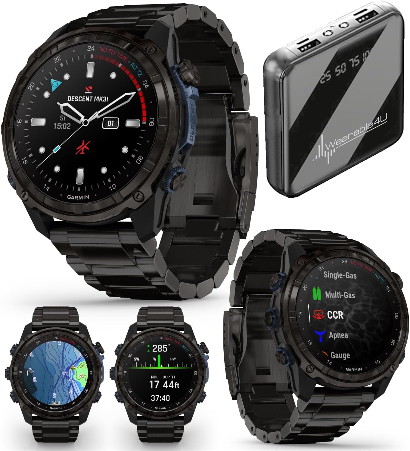Wearable4U - Garmin Descent Mk3 & Mk3i 51 mm & 43 mm, Titanium Dive Computer - Extra-Long Strap | Up to 25 Days Battery Life, AMOLED Display, GPS Smartwatch & Gift Bundle (010-02752-13)