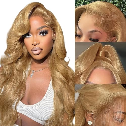Honey Blonde Lace Front Wigs Human Hair 13x4 Body Wave 27# HD Transparent Lace Front Wig Human Hair Pre Plucked with Baby Hair 150% Density Brazilian Virgin Lace Frontal Wigs(32Inch With 5 Free Gifts)