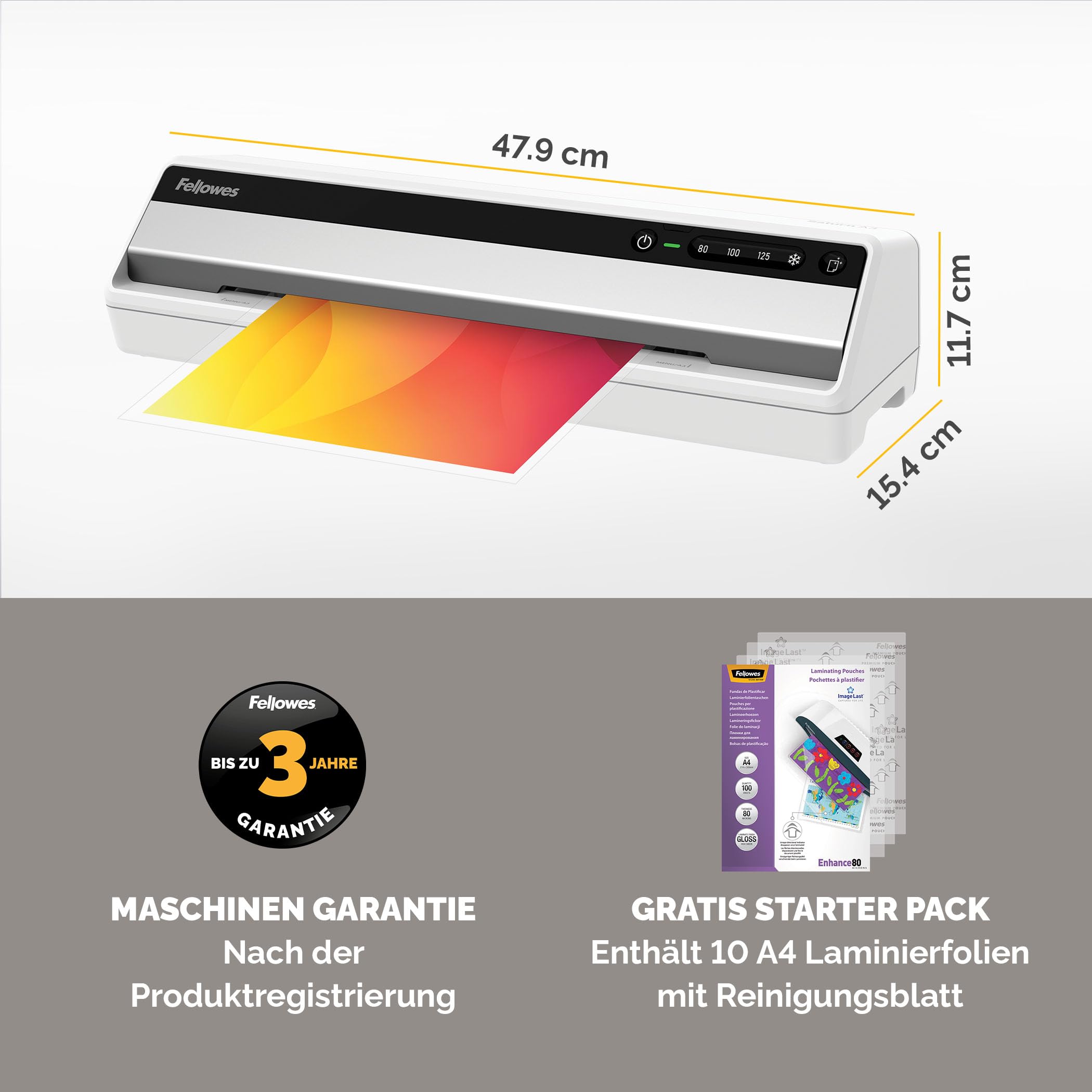 Fellowes Saturn A4 Laminiergerät fürs Büro – InstaHeat, 60 Sek. Aufwärmzeit, Staufreigabe, Auto-Abschaltung – für 80/100/125 Mikron – inkl. 10 Folien – für Zuhause & Büro