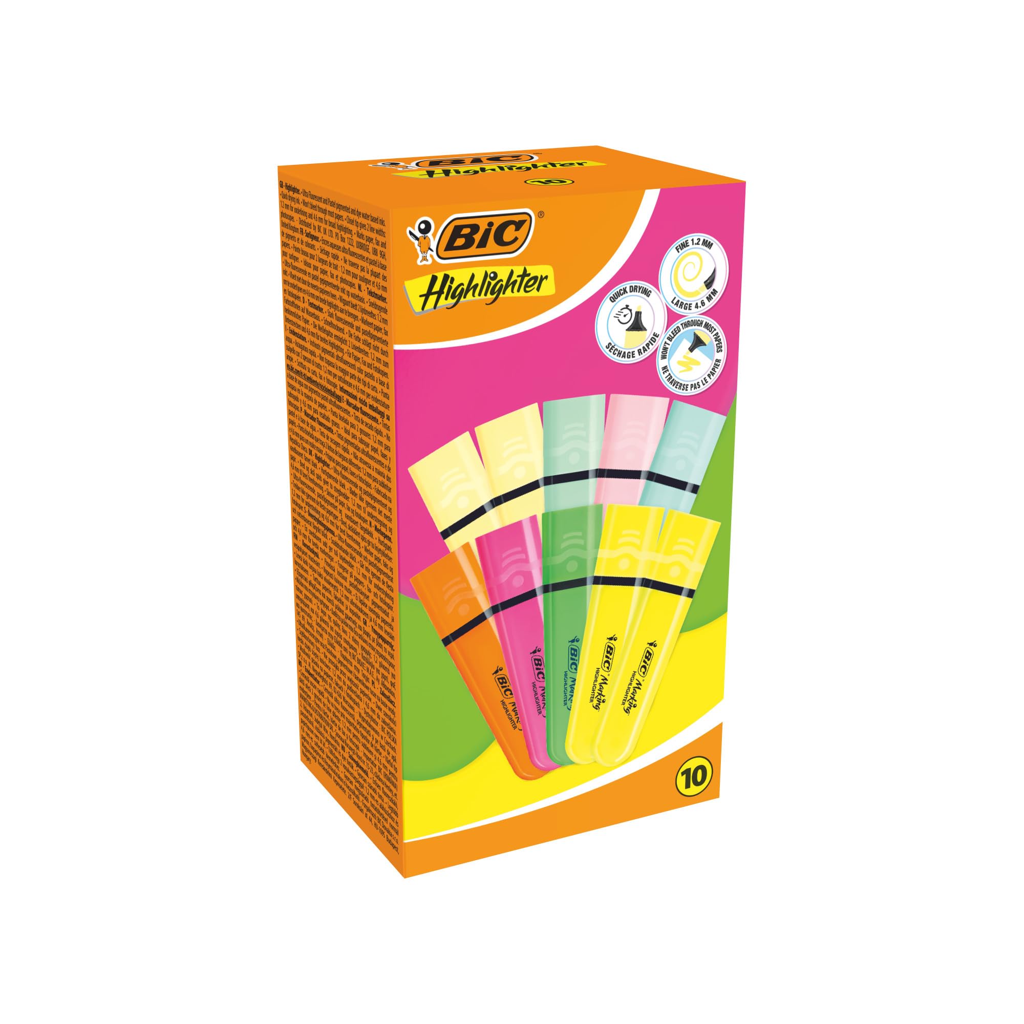 BIC Highlighter Subrayadores Flat - Colores en Tonos Intensos y Pastel, Surtido, Pack de 10