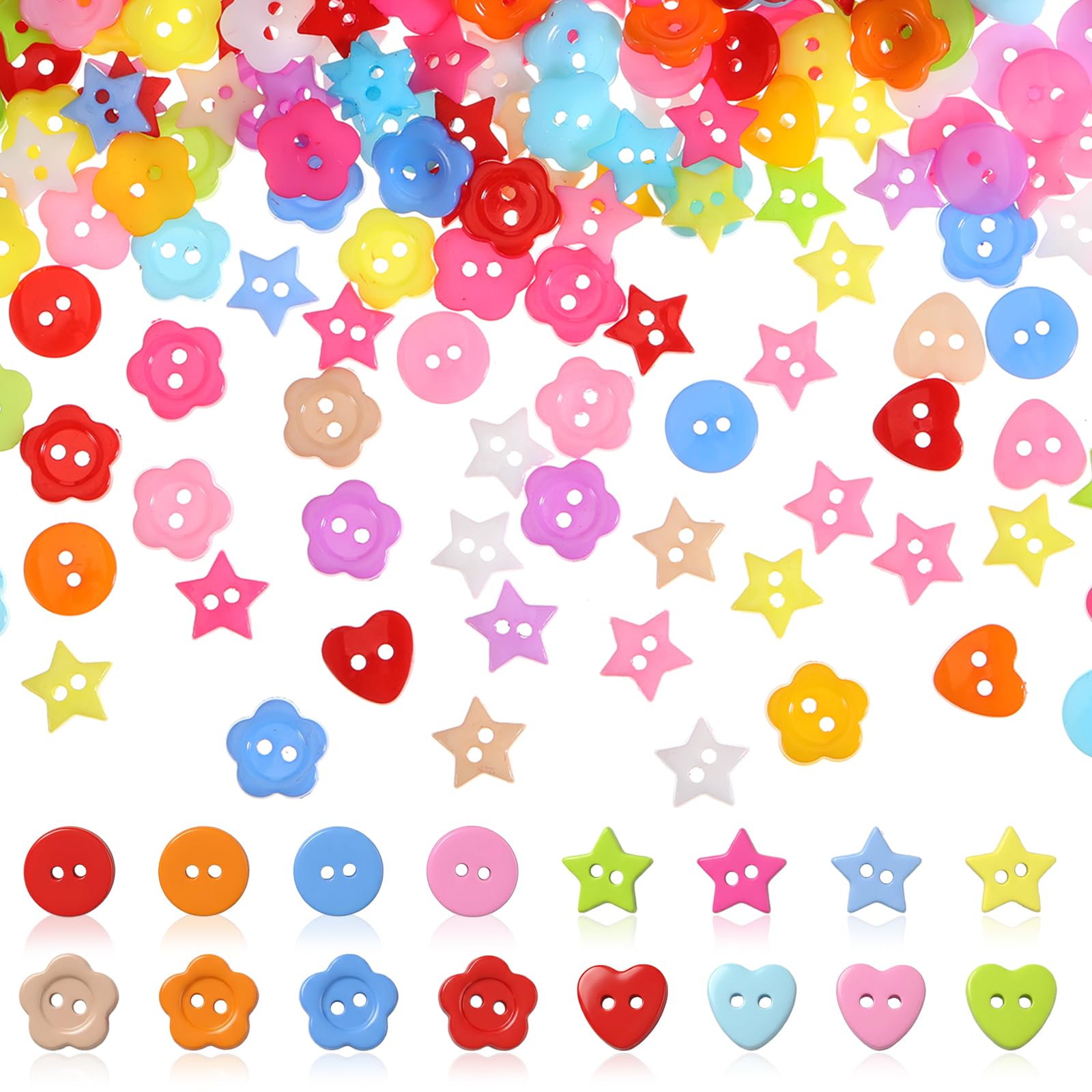 Gemoioio 400pcs Cute Buttons for Crafts, Buttons for Sewing Assorted Round Flower Heart Star Buttons 12-13.5mm Resin DIY Sewing Fasteners for Scrapbooking, Clothing, Decoration - Multicolor