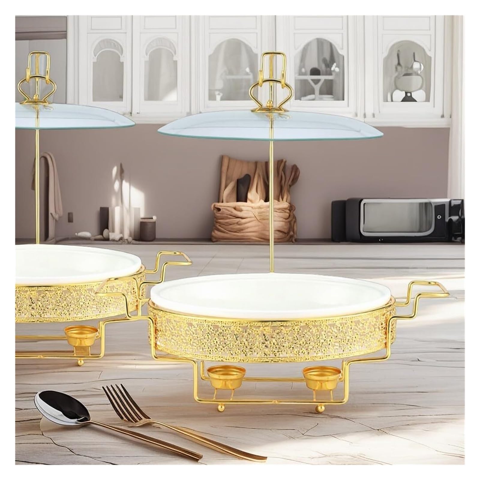Scaldavivande in Ceramica Oro for Buffet | Rinforzo con Finitura Simil Marmo, Buffet Scaldavivande for Feste(3L)